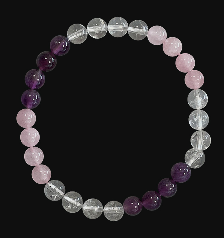 Bracelet Amethyste & Cristal de roche & Quartz rose 4 perles 6mm