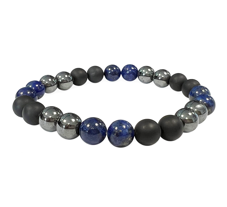 Bracelet Lapis Lazuli, Hematite, Onyx mate A perles 8mm