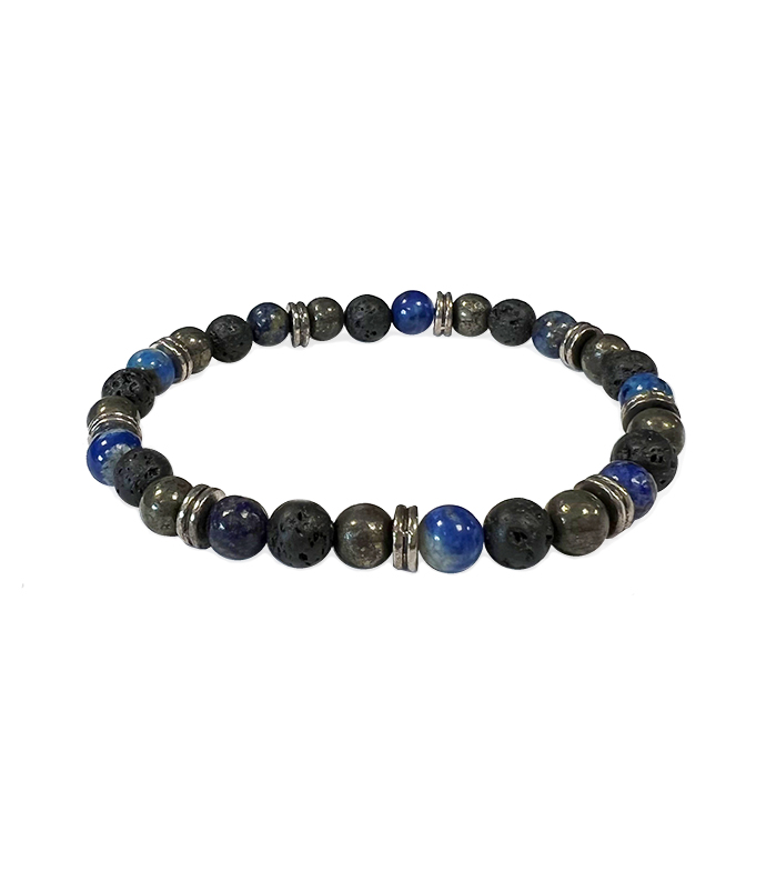 Lapis Lazuli, Pyrite, Lava Stone & Charms A 6mm pearls bracelacet