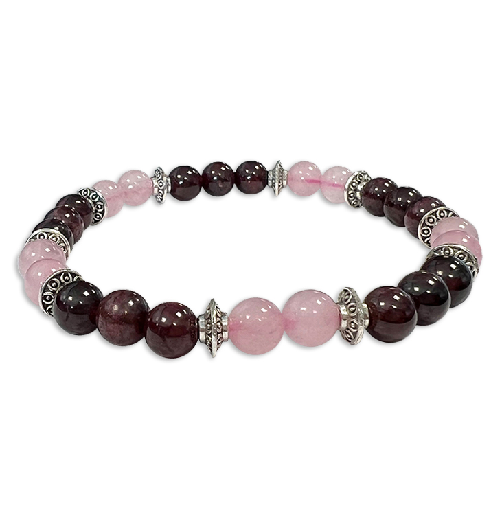 Rose Quartz, Red Garnet & Charms A 6mm pearls bracelacet