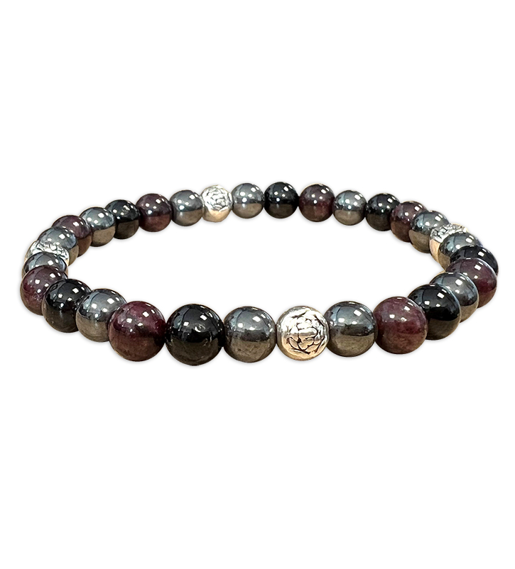 Black turmaline, Red Garnet, Hematite & Charms A 6mm pearls bracelacet