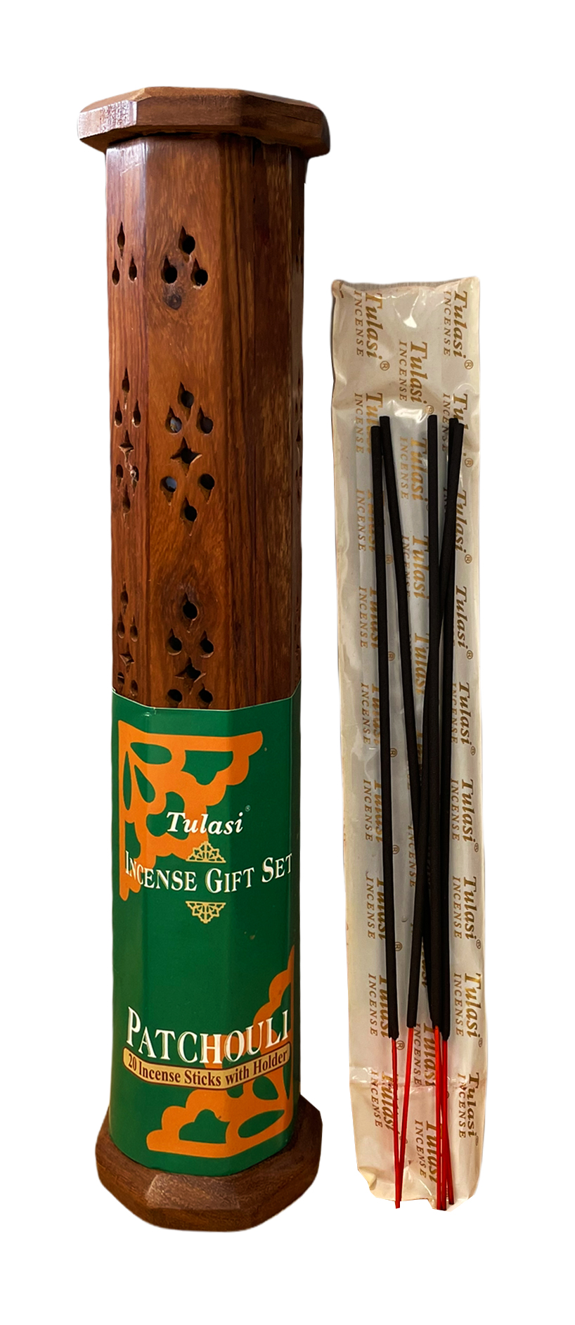 Elephant wooden tower incense holder 30cm with 20 incense sticks Tulasi Patchouli