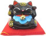 Lucky cat black with bell on red pillow 9cm