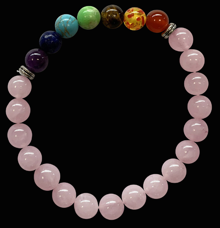 Bracciale in quarzo rosa e 7 perle di chakra 8mm