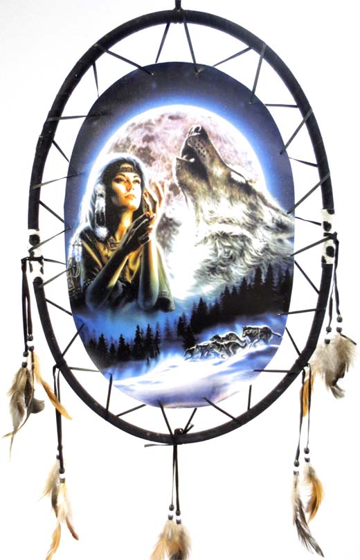 Dream catcher ovale lune indienne et loup 55cm