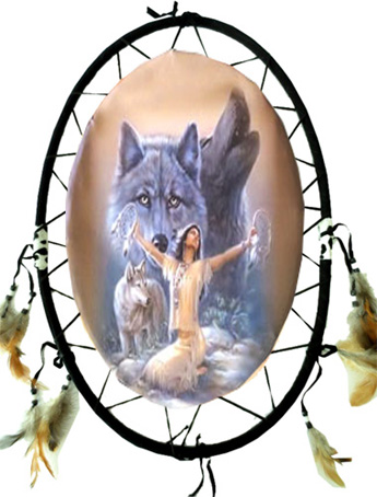 Dreamcatcher ovale indienne & 3 loups 55cm