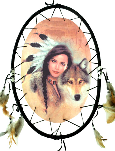 Dreamcatcher ovale indienne & loup 55cm