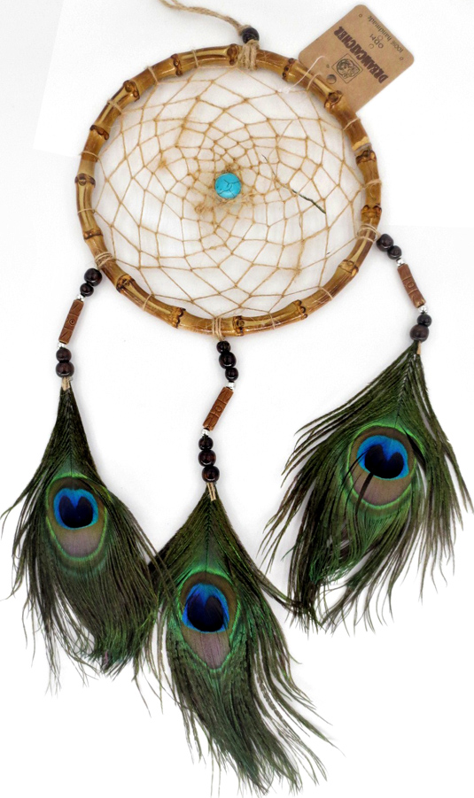 Dream catcher bamboo et plumes de paon 17cm