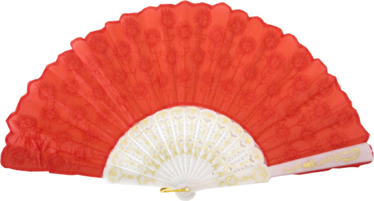 Eventail rouge paon 25x40cm