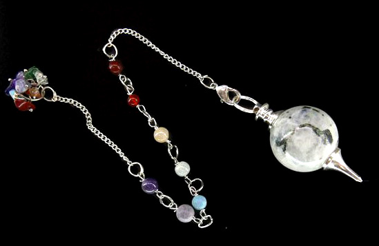 Pendule sphère Pierre de lune chakras plaquée argent 4cm