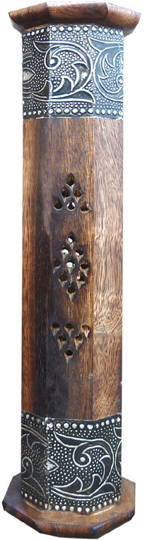 Porte encens tour en bois 2 bandes métal ciselées 30cm