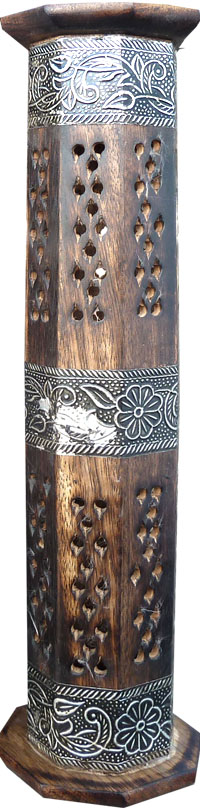 Porte encens tour en bois 3 bandes métal ciselées 30cm