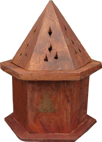 Porte encens cones tour octogonale en bois bouddha avec reserve