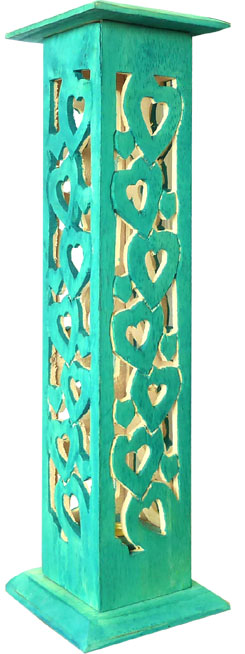 Porte encens tour carré en bois bleu clair ciselé motif coeur 30cm