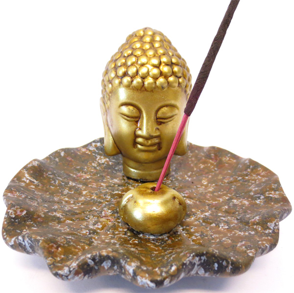 Porte encens tete de bouddha doré base marron 13cm