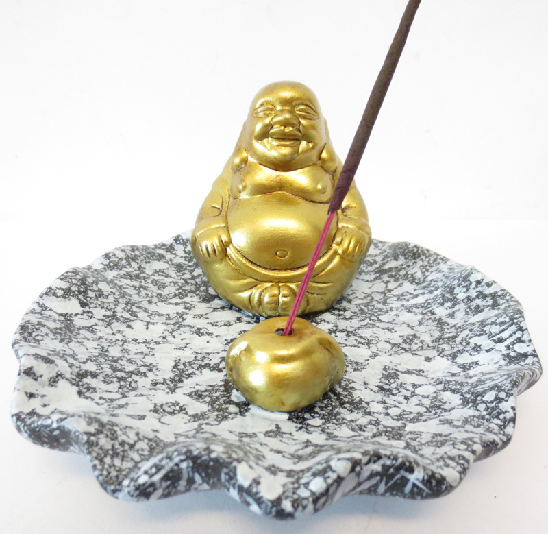 Porte encens happy bouddha doré base marron 12.50cm