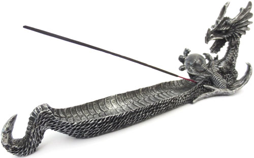 Porte encens dragon résine argent 32cm