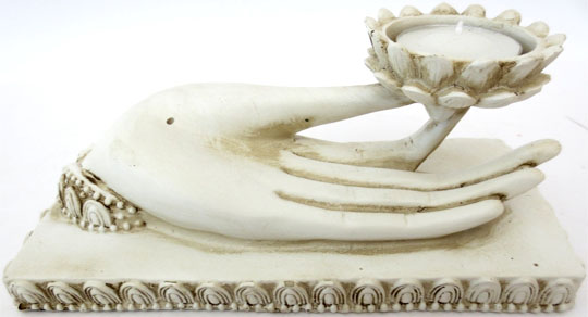 Porte encens main sur socle & bougeoir blanc 18cm