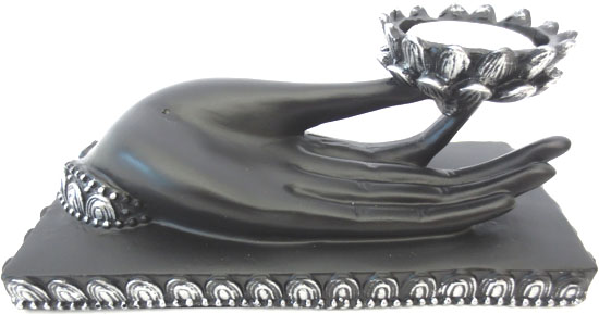 Porte encens main sur socle & bougeoir noir 18cm