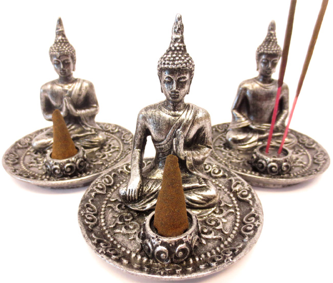 Porte encens bouddha tibetain argenté x3 9cm  