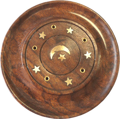 Porte encens en bois rond lune & étoiles 10cm