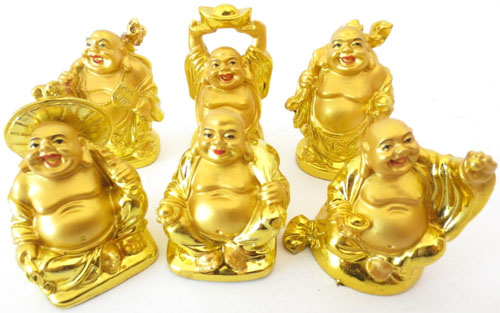 Set de 6 bouddhas resine or & couleur 5cm