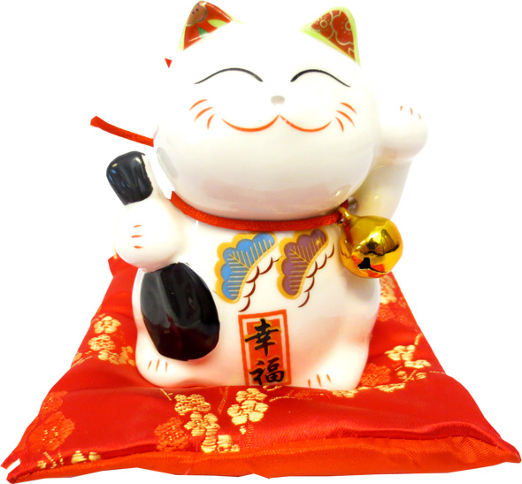 Chat porte bonheur blanc tirelire sur coussin 9cm