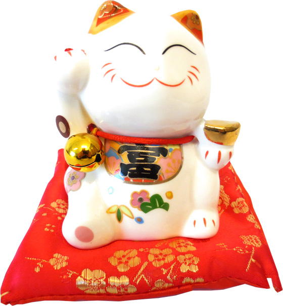 Chat porte bonheur blanc tirelire sur coussin 9cm