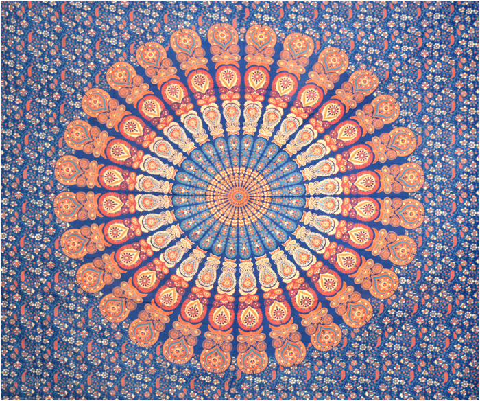 Tenture mandala bleu foncé bleu clair orange & rouge