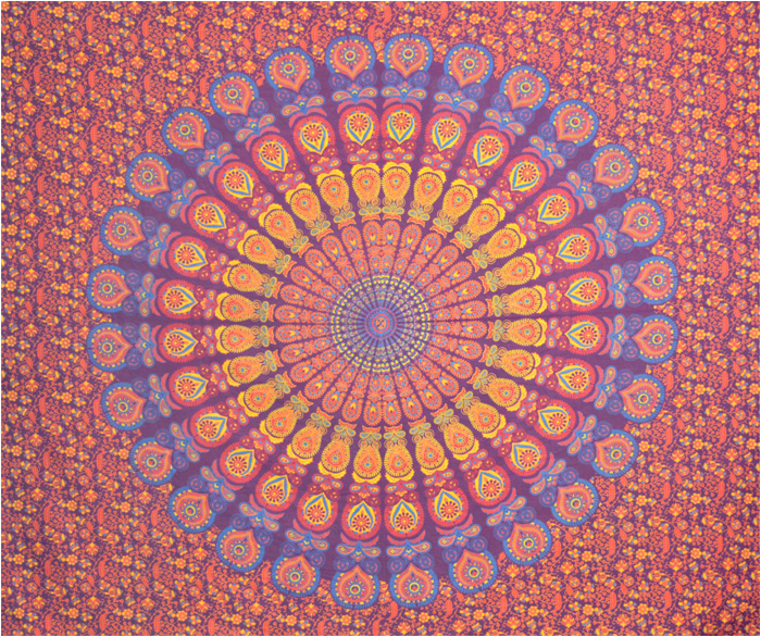 Tenture mandala bordeaux, bleu clair, orange, & jaune