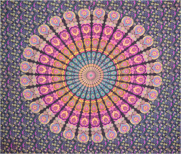 Tenture mandala mauve jaune fushia & turquoise