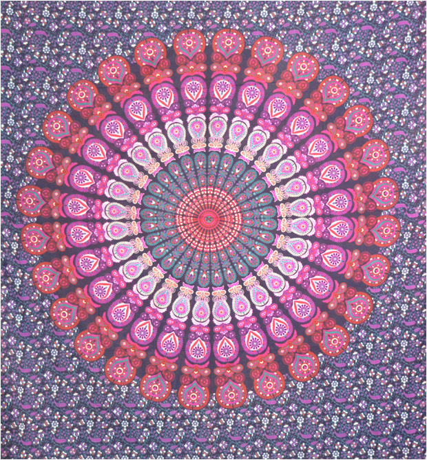 Tenture mandala mauve fushia orange & bleu petrole