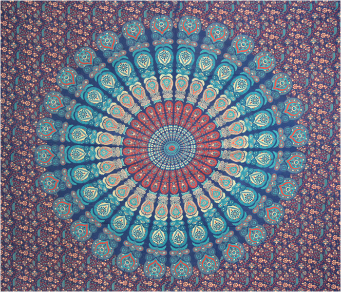 Tenture mandala bleu foncé bleu clair & rouge