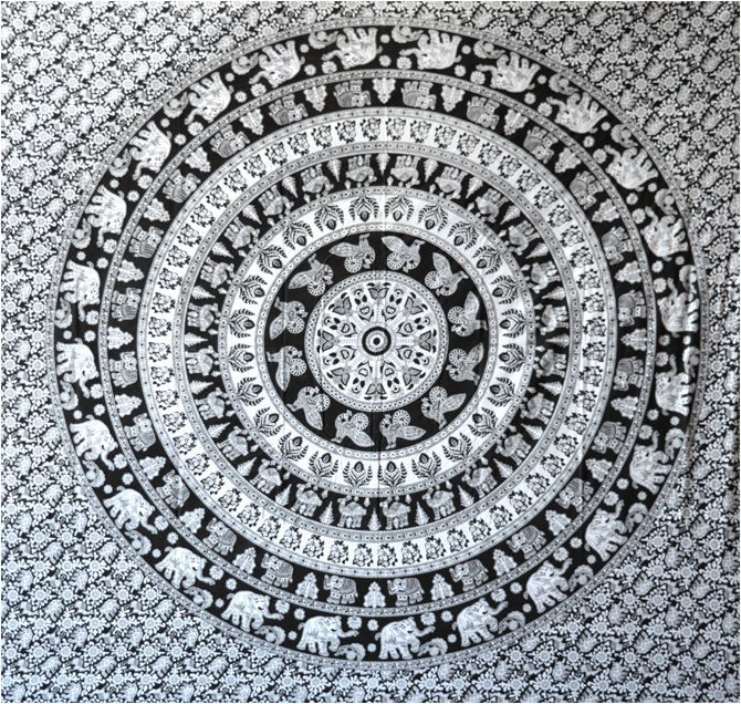 Tenture mandala elephant et paon noir & blanc