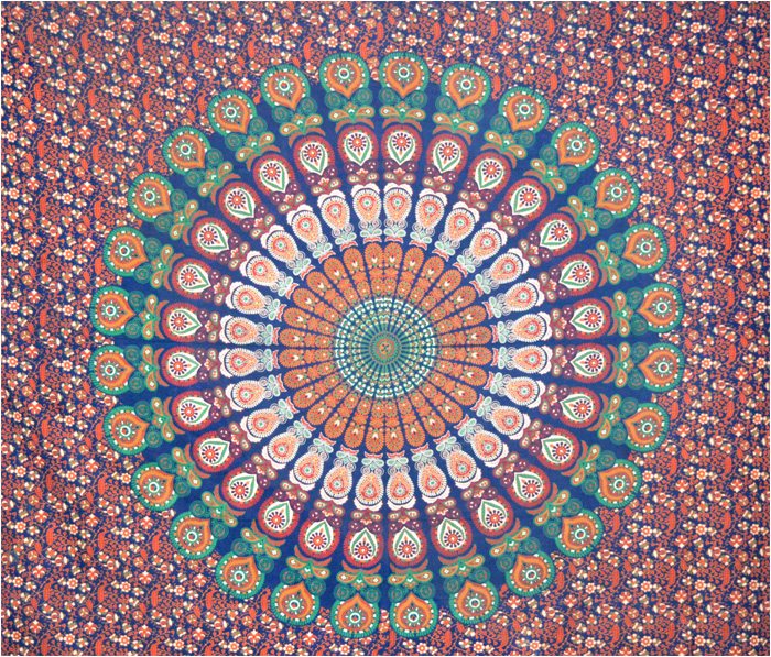 Tenture mandala bleu foncé vert rouge orange