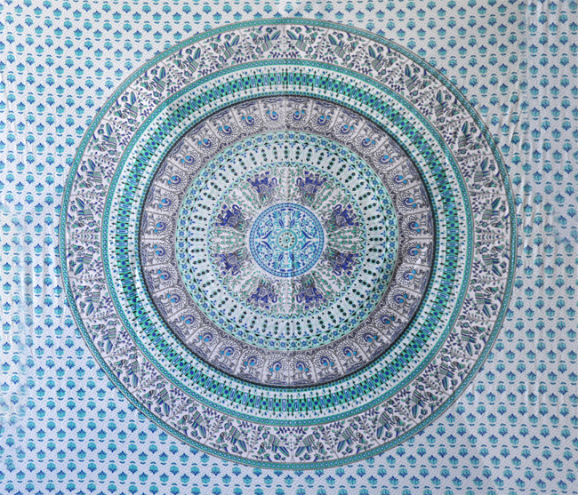 Tenture mandala elephant et paon blanche bleu & vert