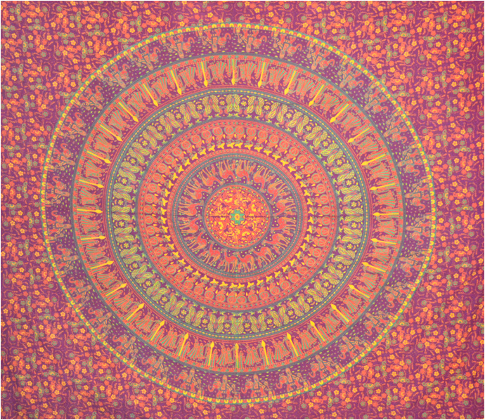 Tenture mandala elephants & chameaux bordeaux orange vert et jaune