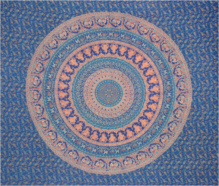 Tenture mandala bleu et rouge élephant & paon