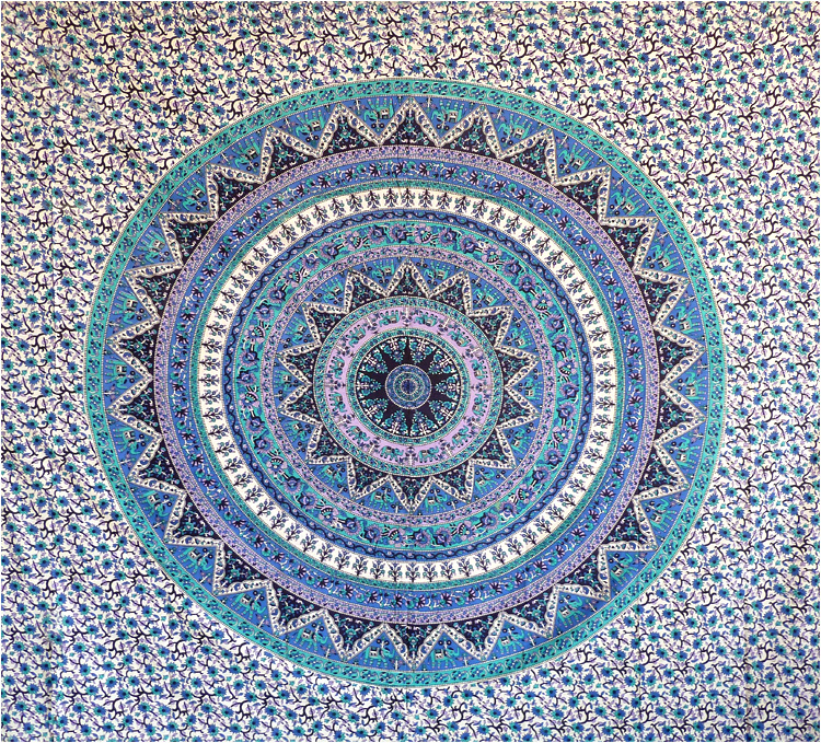 Tenture mandala éléphants bleue et blanche