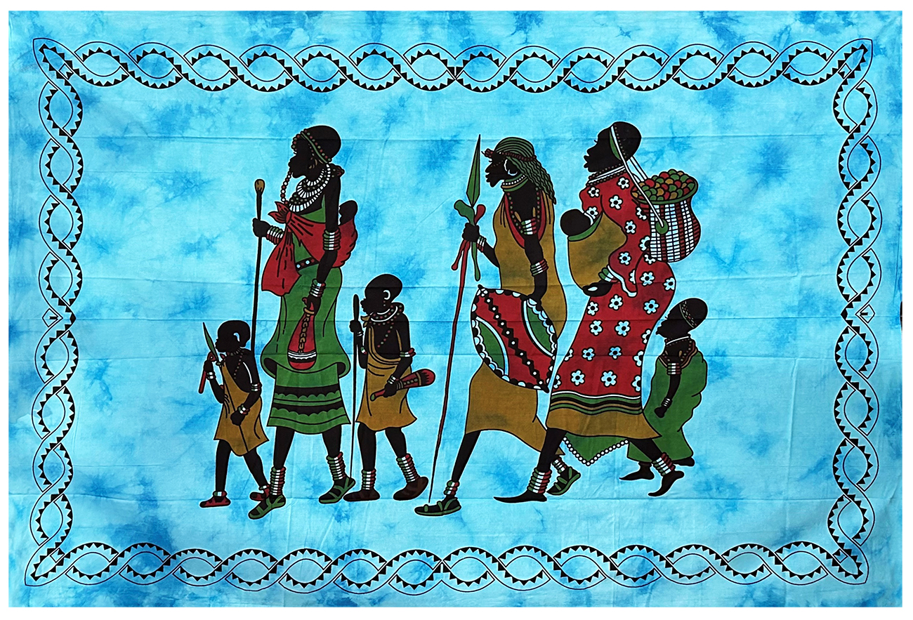 Tenture 4 enfants & 3 adultes africains bleu PM