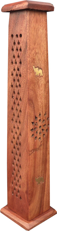 Porte encens bois tour carrée éléphant 30cm