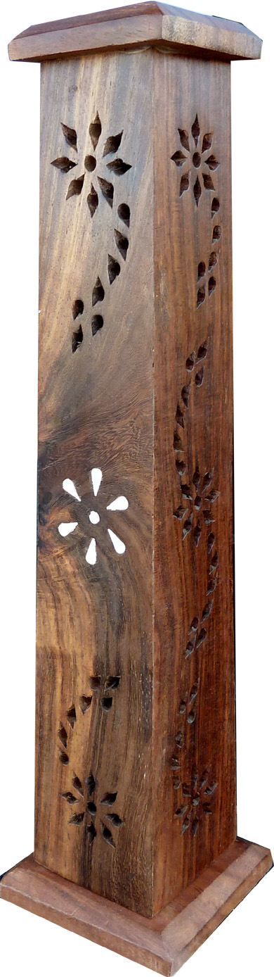 Porte encens tour carrée en bois ciselé fleurs 30cm
